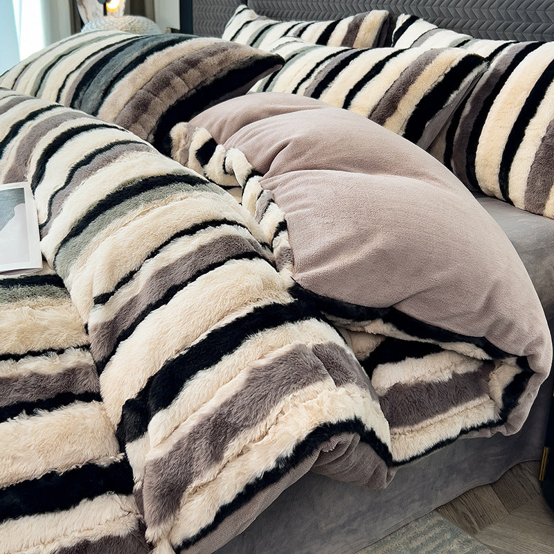 Juego de cama antiestático de piel de conejo de rabia de rayas de rayas ombre irregular a rayas