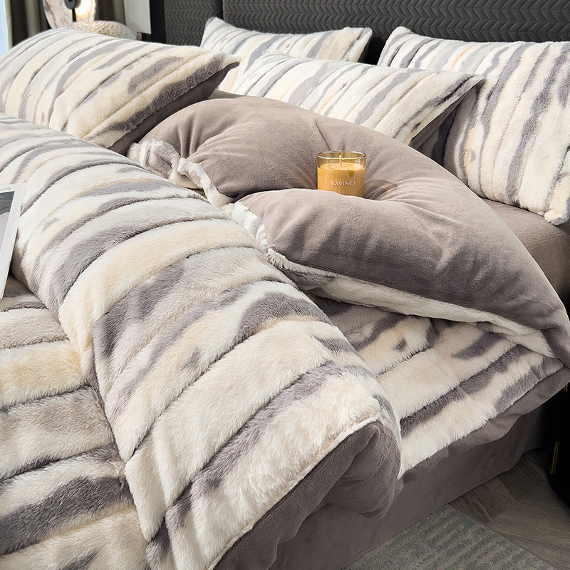 Juego de cama antiestático de piel de conejo de rabia de rayas de rayas ombre irregular a rayas