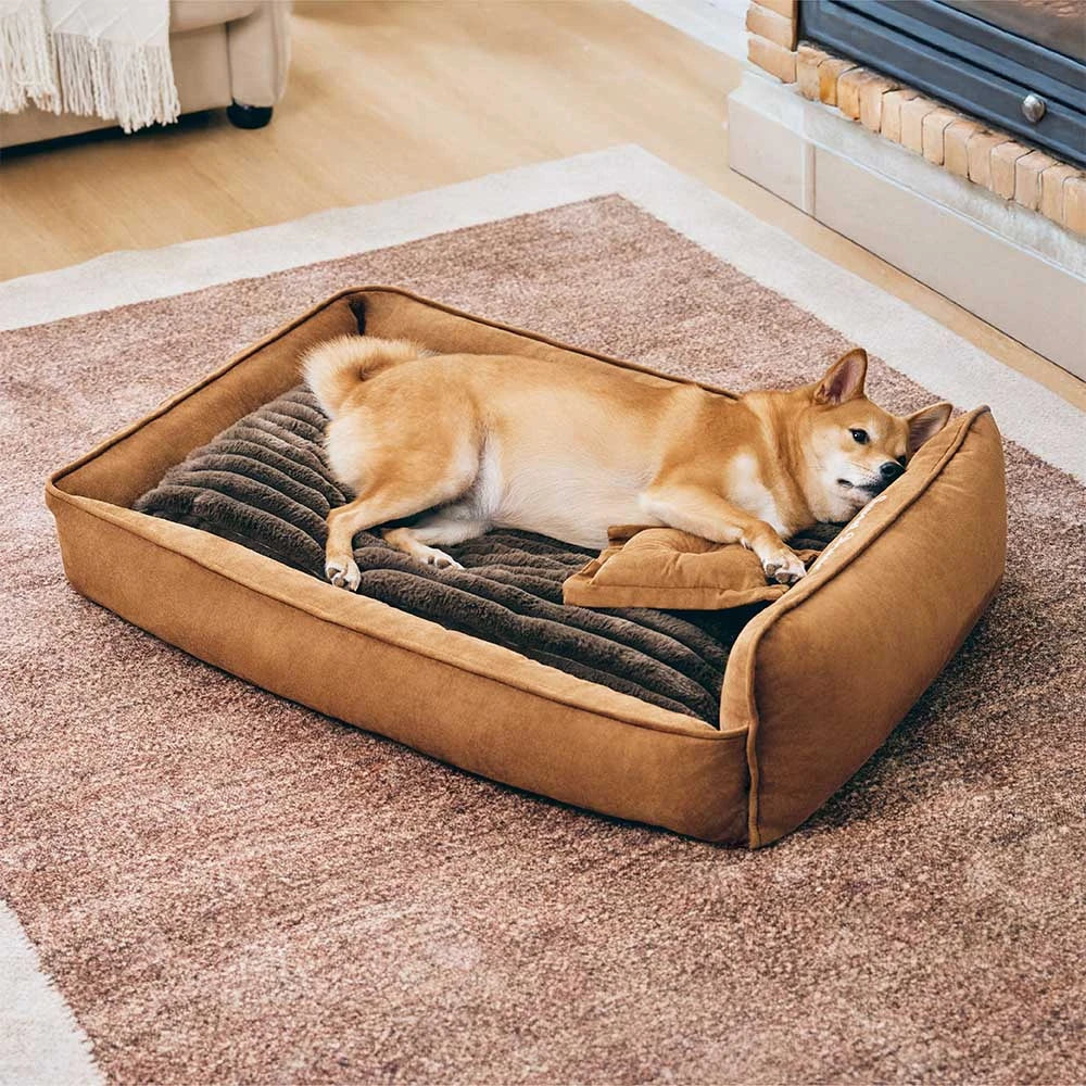 Retro Faux Suede Dual-sided Washable Bolster Dog Bed With Pillow – SweetDream
