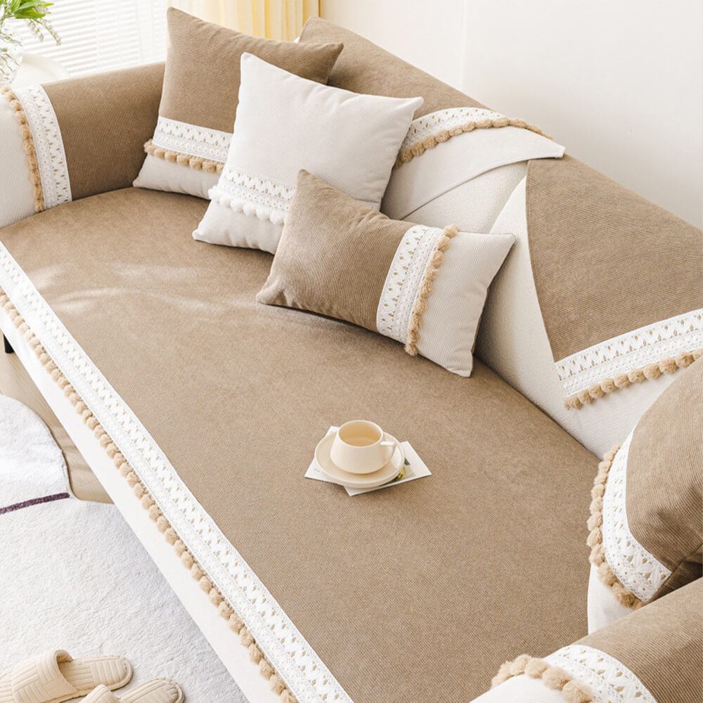 Cubierta de sofá de pana suave anti-scratch de pana suave impermeable para todas las estaciones con pompones