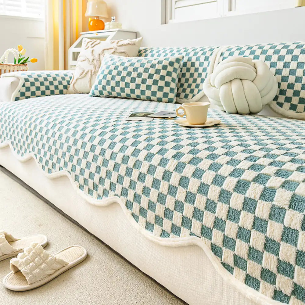 Classic Checkerboard Plush Comfortable Scratch-Resistant Non-Slip Couch Cover