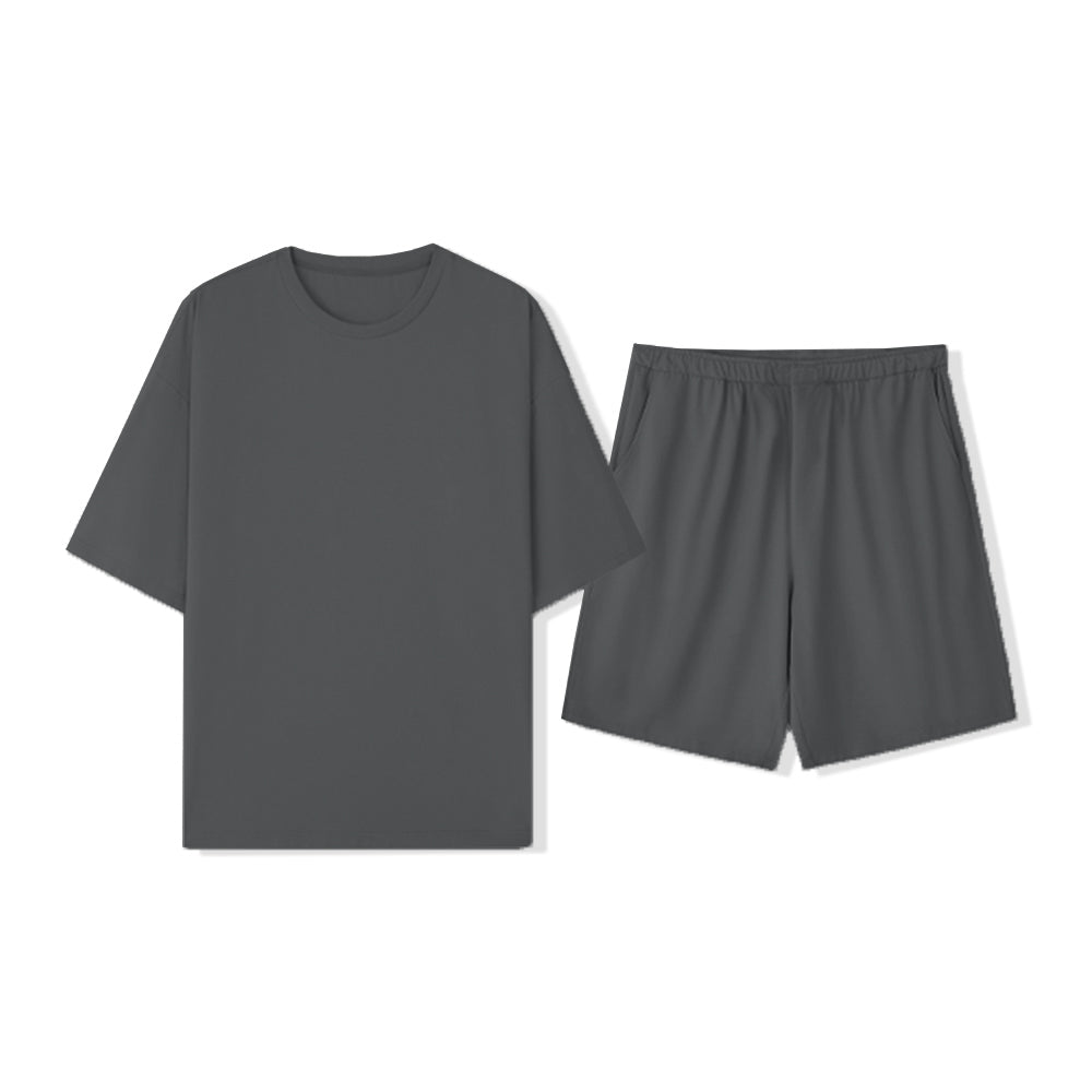 Umweltfreundliches, tierhaarresistentes Pyjama-Set für Paare in reiner Farbe mit Rundhalsausschnitt und kurzen Ärmeln