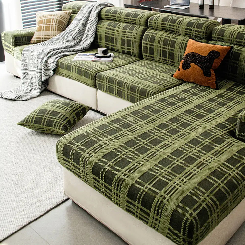 Checkered Stretch Universal Fully Fitted Anti-Cat Scratch Couch Cover - Suitable for All Seasons