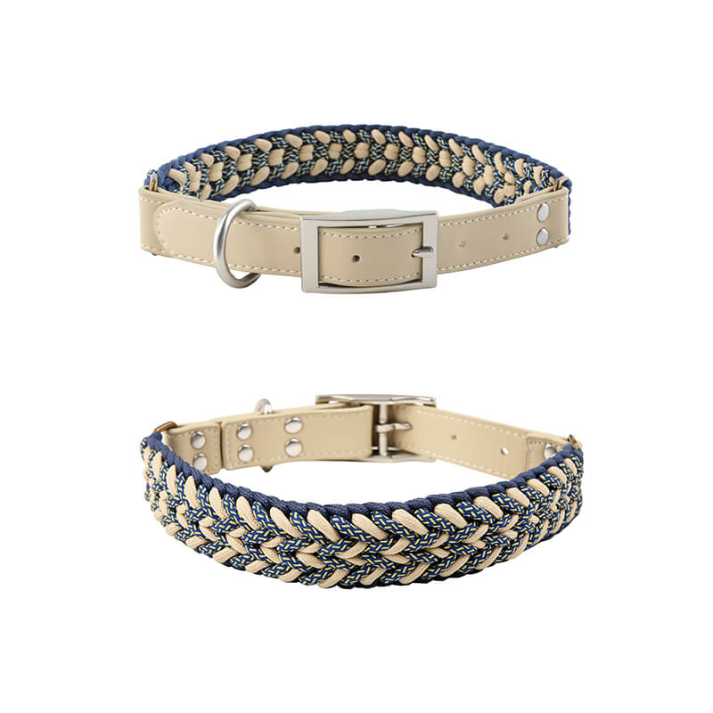 Ensemble collier et laisse pour chien anti-traction multifonctionnel en cuir tissé à la main