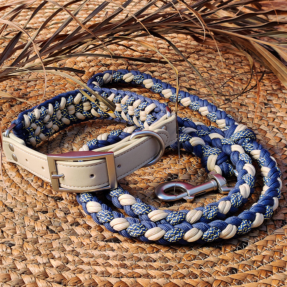 Ensemble collier et laisse pour chien anti-traction multifonctionnel en cuir tissé à la main
