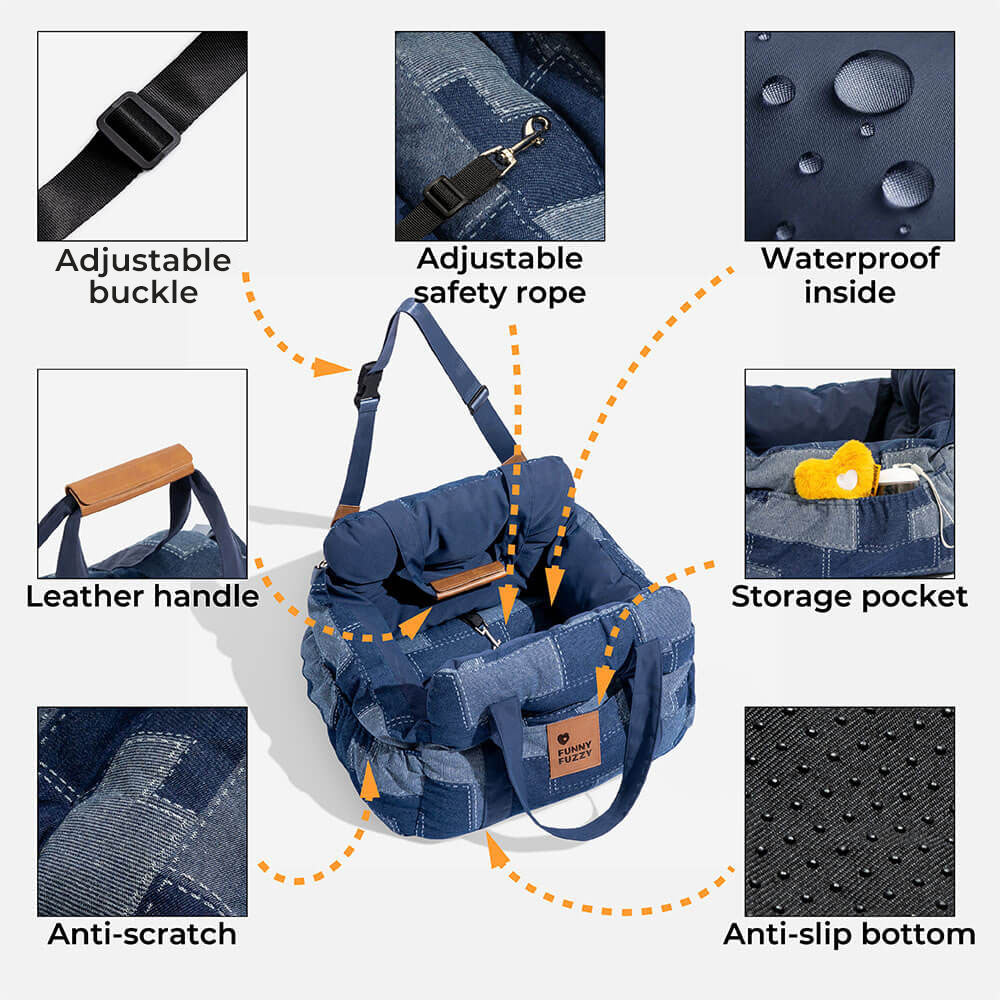 Bolstia de seguridad de viaje para el asiento de asiento de automóvil de perrito de mezclilla