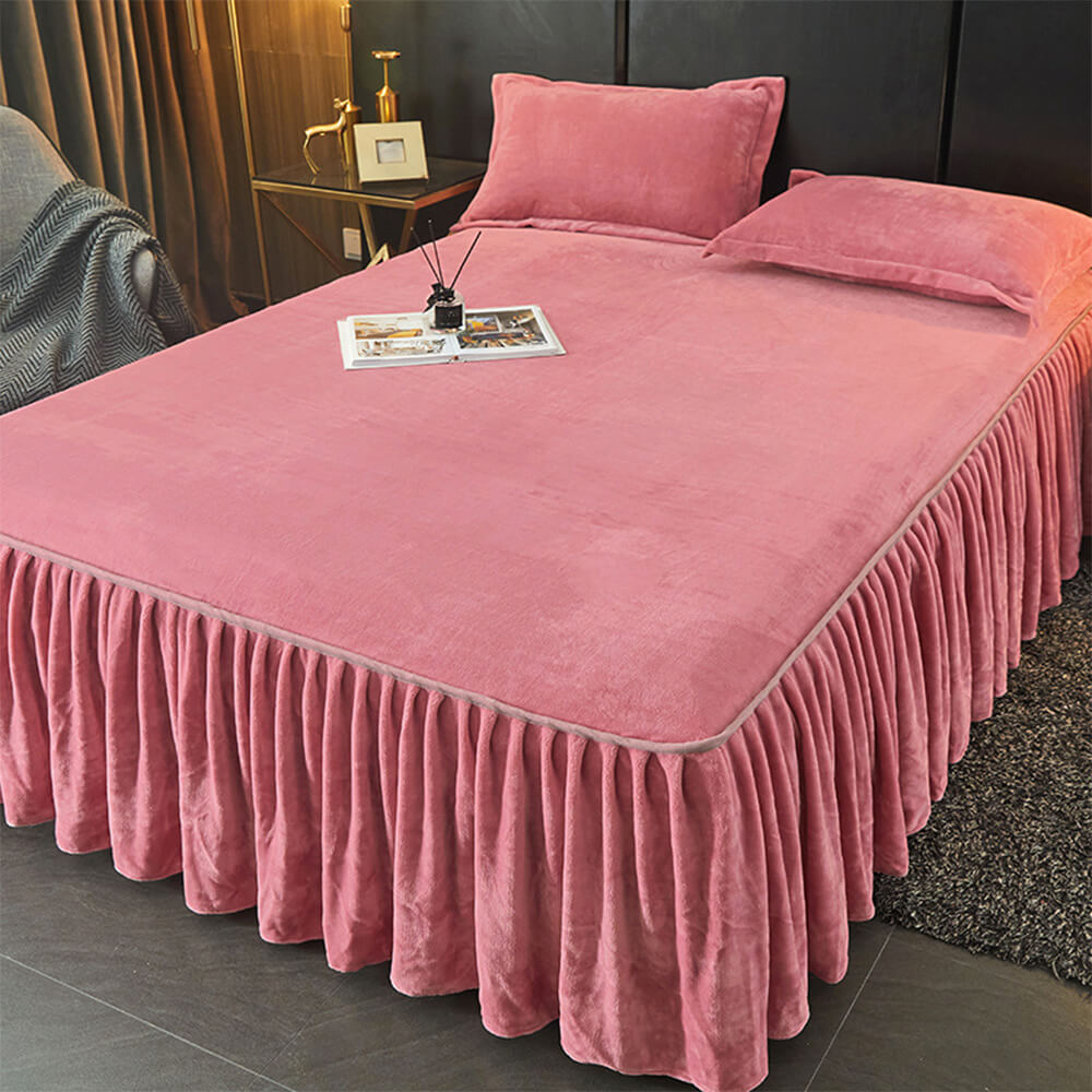 Solid Color Soft Warm Milk Velvet Mattress Cover Protector Bed Skirt