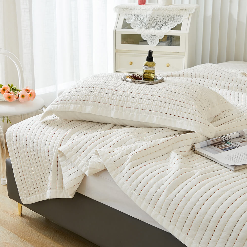 Soft Cross Stitch Solid Cotton Quilted Bedspread Set