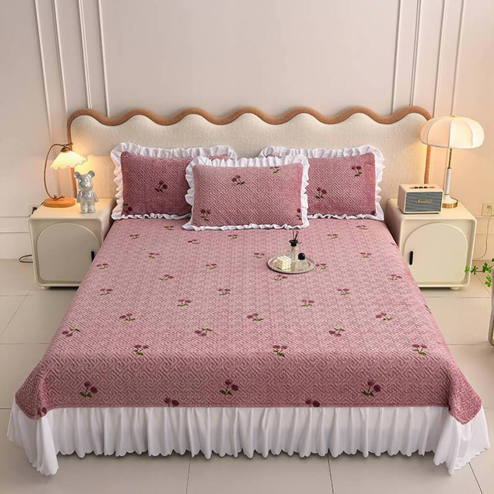 Floral Plaid Creamy Velvet Bed Sheet Set