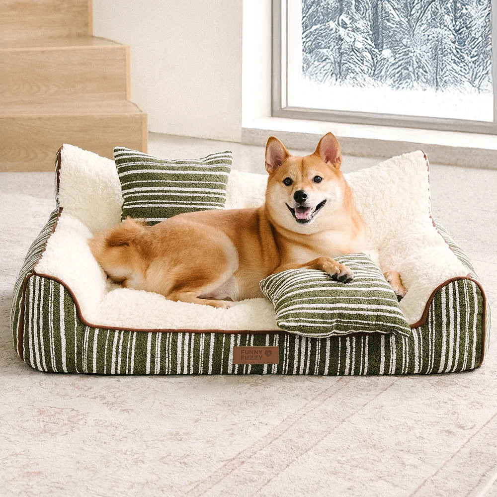 Plush Warm Stripe Orthopedic Dog & Cat Sofa Bed With Pillows- Grove Couch