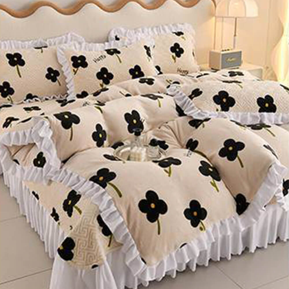 Floral Plaid Creamy Velvet Bed Sheet Set