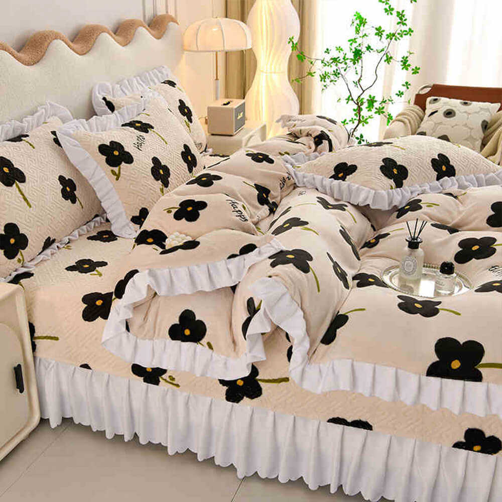 Floral Plaid Creamy Velvet Bed Sheet Set