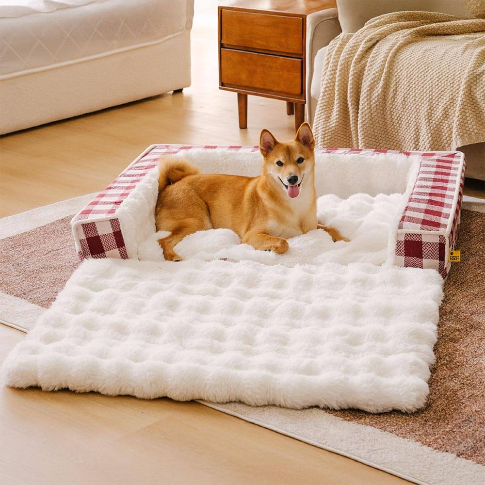 Classic Plaid Ergonomic Calming Dog Bed - Expandable＆Washable