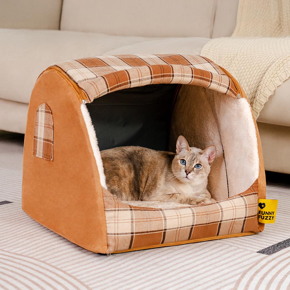 Classical Plaid House Orthopedic Cat Bed - Retreat Cabin