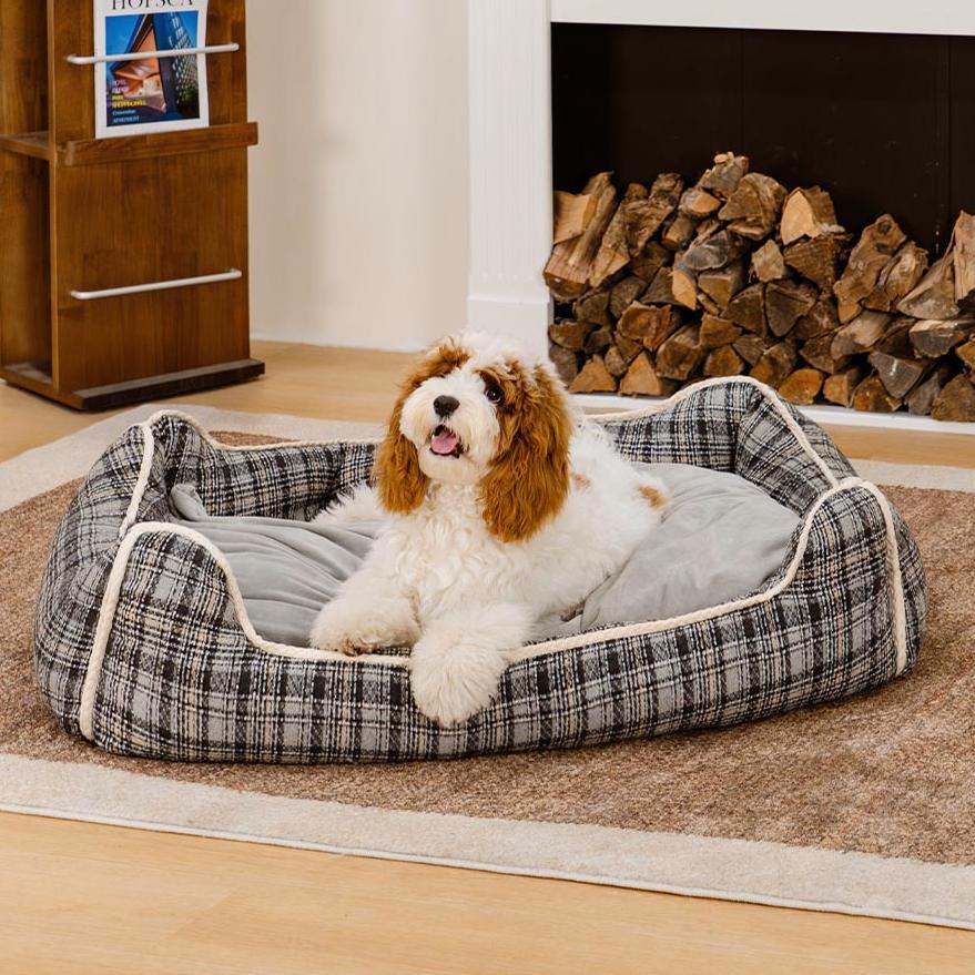 Classical Retro Plaid Removable Bolster Calming Dog Bed - Nostalgic Retreat