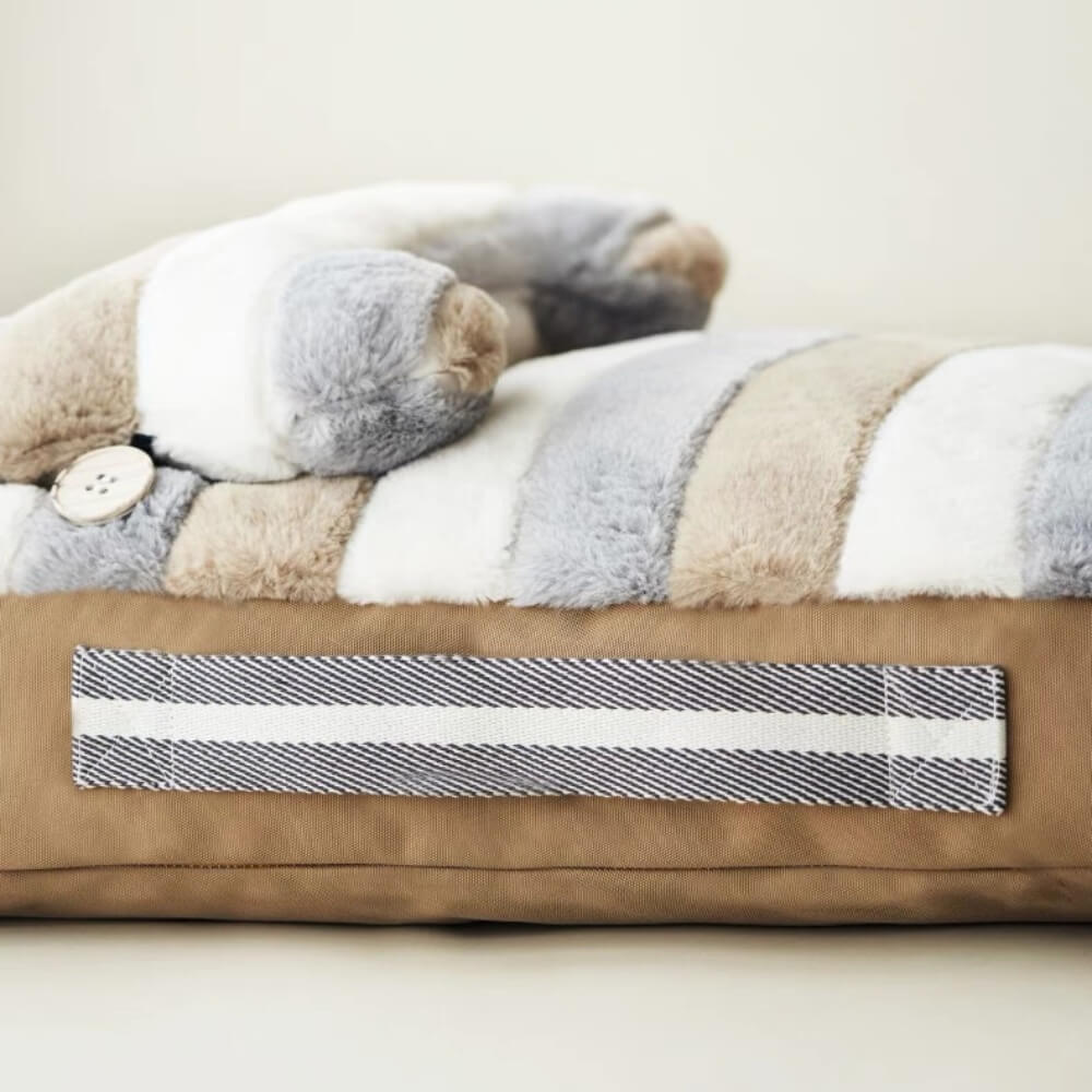 Cama relajante de felpa a rayas de lujo para perros con almohada