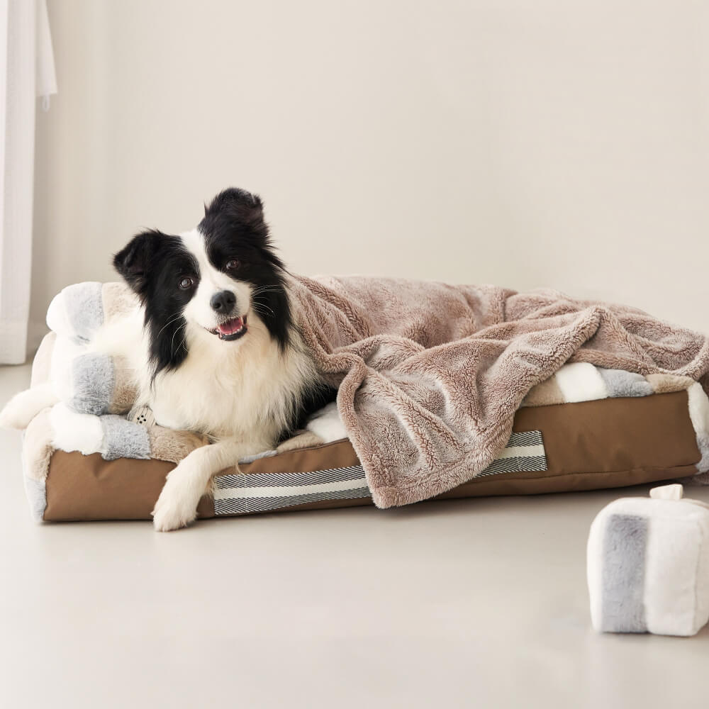 Lit apaisant pour chien en peluche rayée de luxe avec oreiller