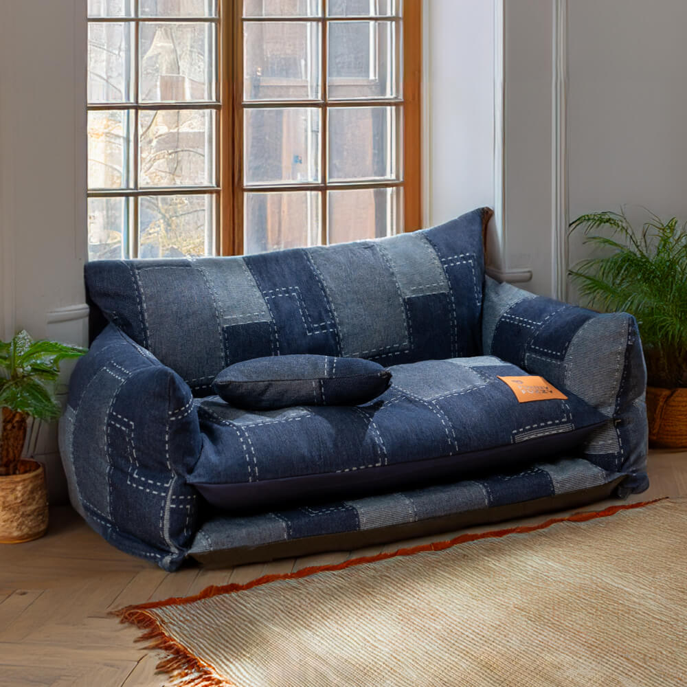 Denim Patchwork Style Pet Double Layer Sofa Dog Sofa Bed