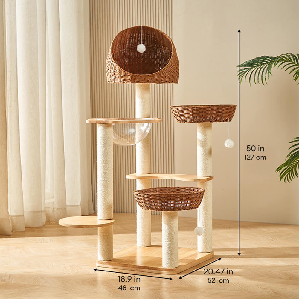 All-Season Natural Rattan Woven Cat Bed Solid Wood Large Cat Tree