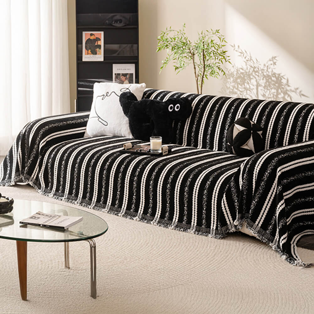 Decorative Stripe Tassel Chenille  Throw Couch Cover