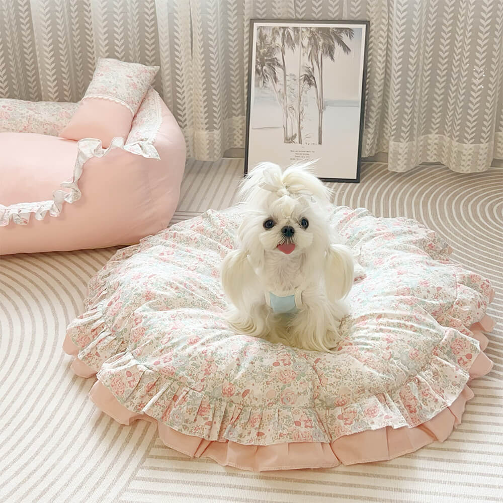 Floral Ruffled All-season Cozy Washable Round Dog Bed