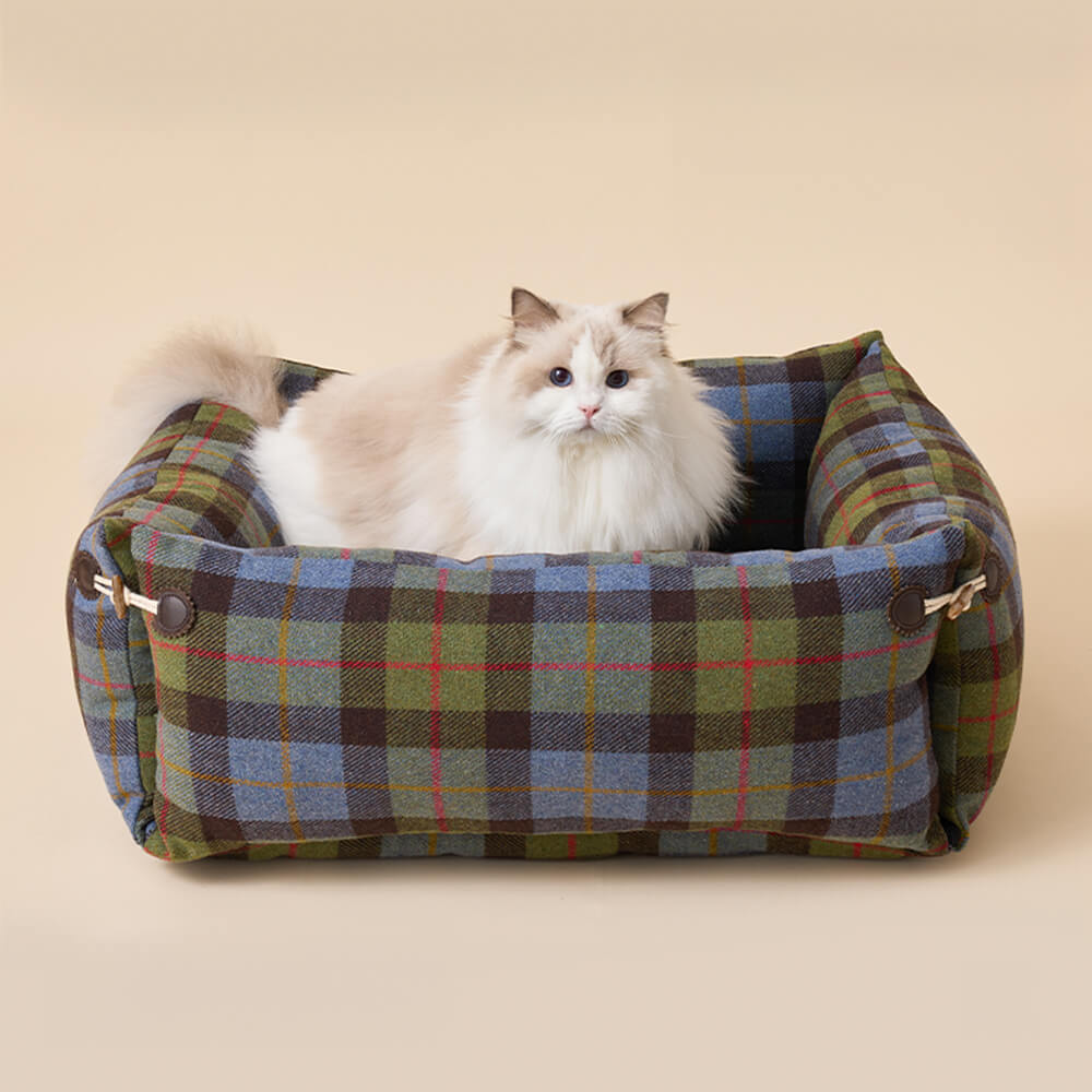 Plaid Expandable Soft Reversible With Horn Button Dog & Cat Bed