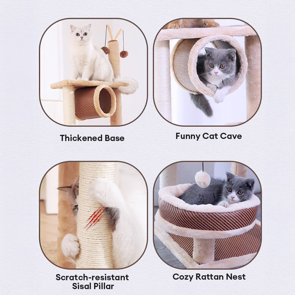 Breathable Rattan-Weave Sisal Multi-Level Cat Tree with Cozy Bed