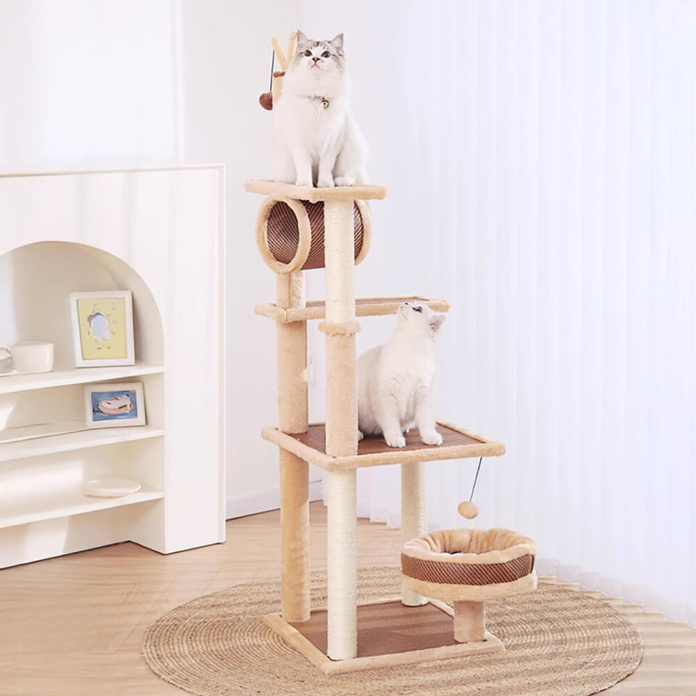 Breathable Rattan-Weave Sisal Multi-Level Cat Tree with Cozy Bed