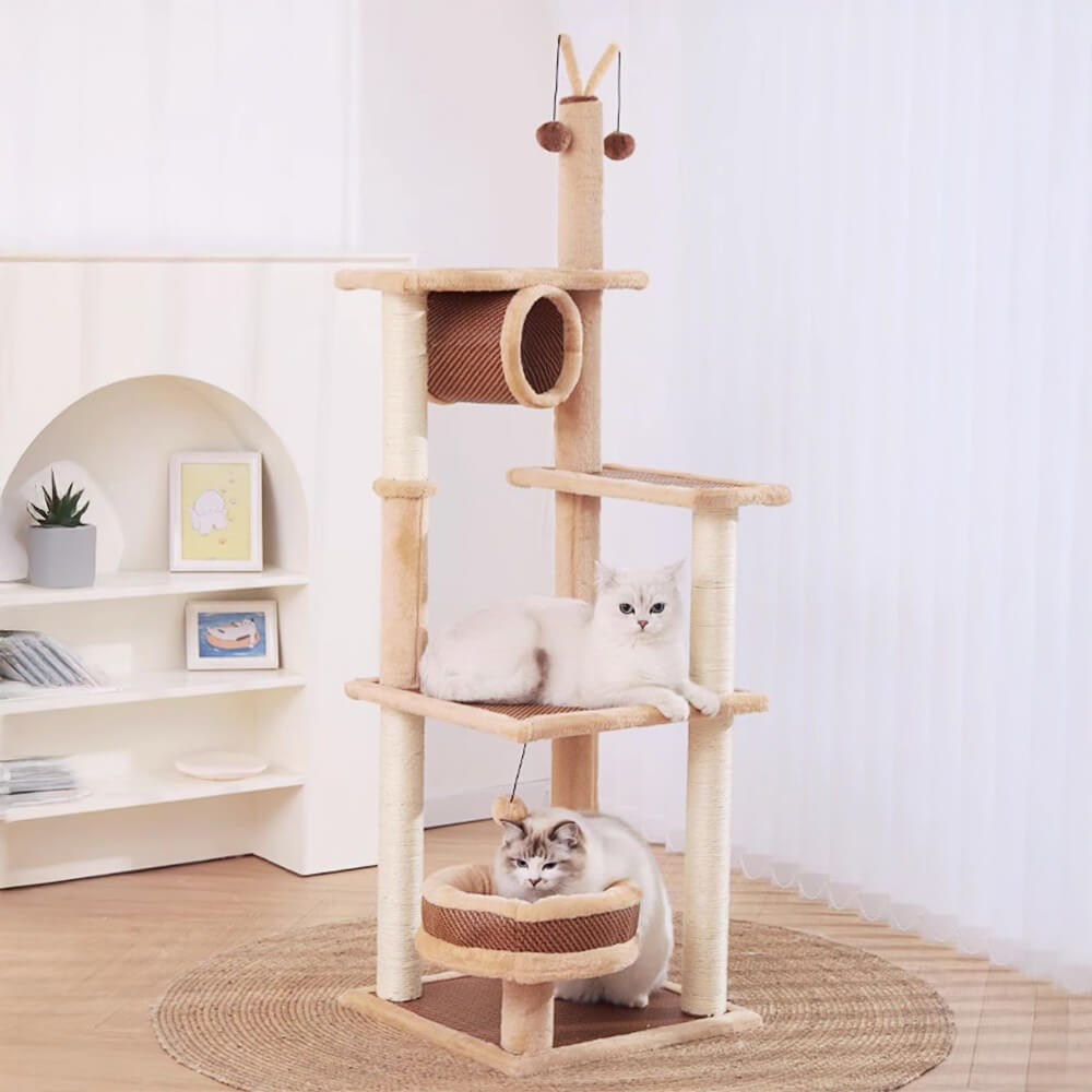 Breathable Rattan-Weave Sisal Multi-Level Cat Tree with Cozy Bed
