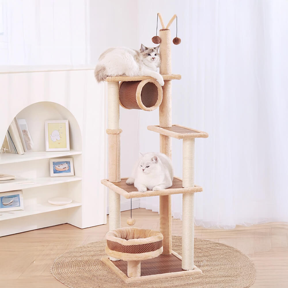 Breathable Rattan-Weave Sisal Multi-Level Cat Tree with Cozy Bed