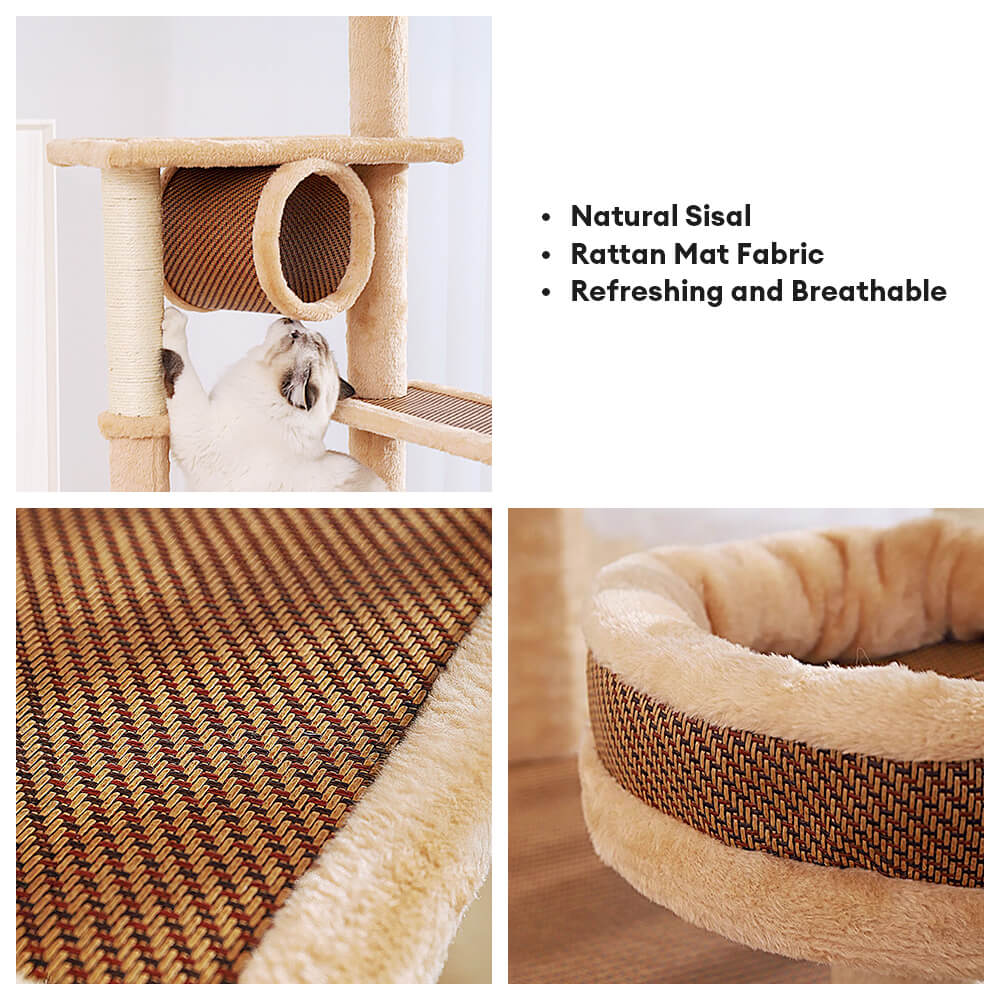 Breathable Rattan-Weave Sisal Multi-Level Cat Tree with Cozy Bed