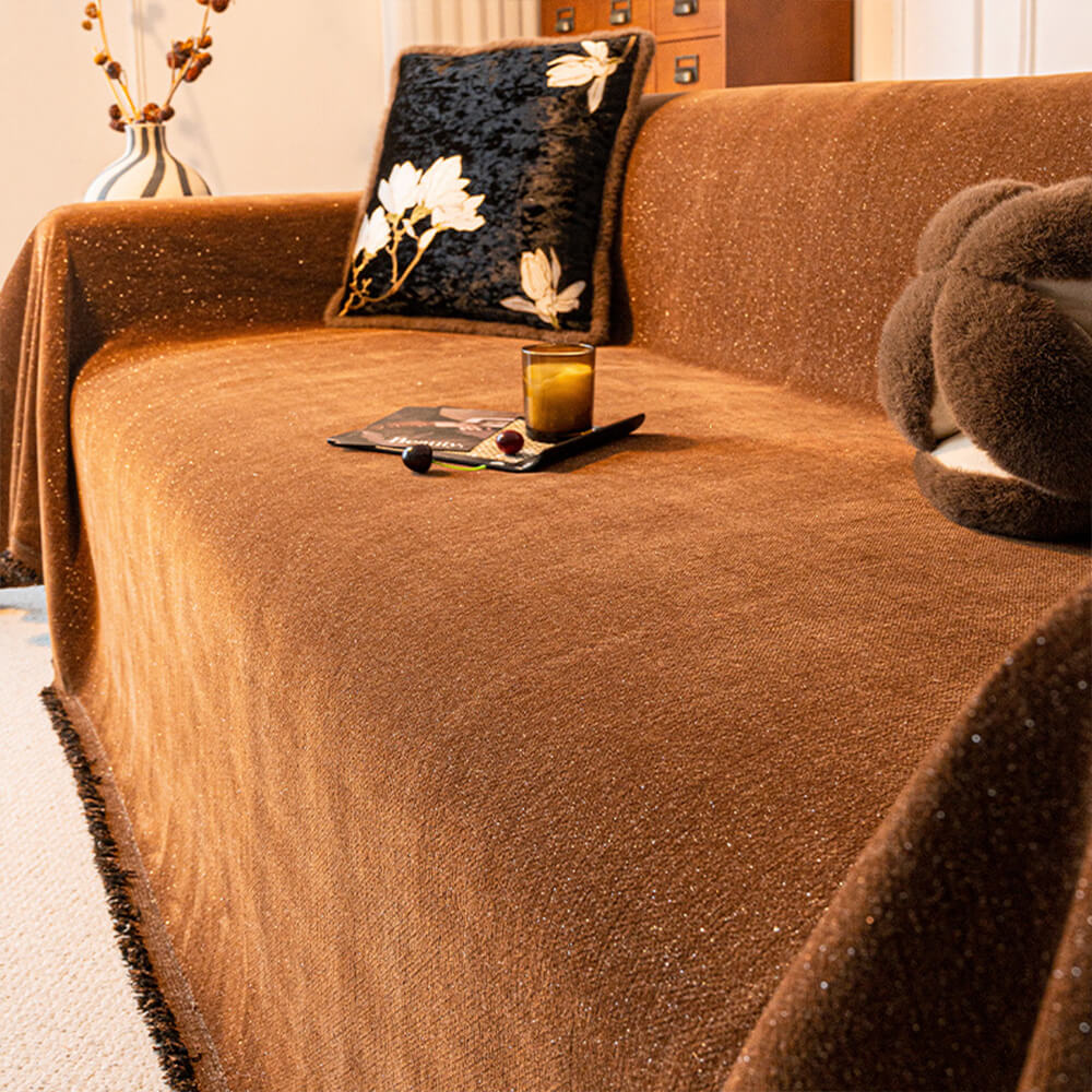 Chenille Starry Glitter Design with Fringe Trim Throw Couch Cover