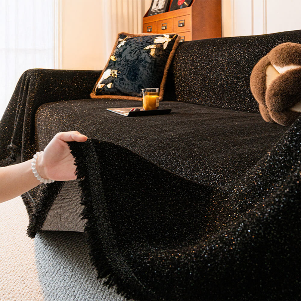 Chenille Starry Glitter Design with Fringe Trim Throw Couch Cover
