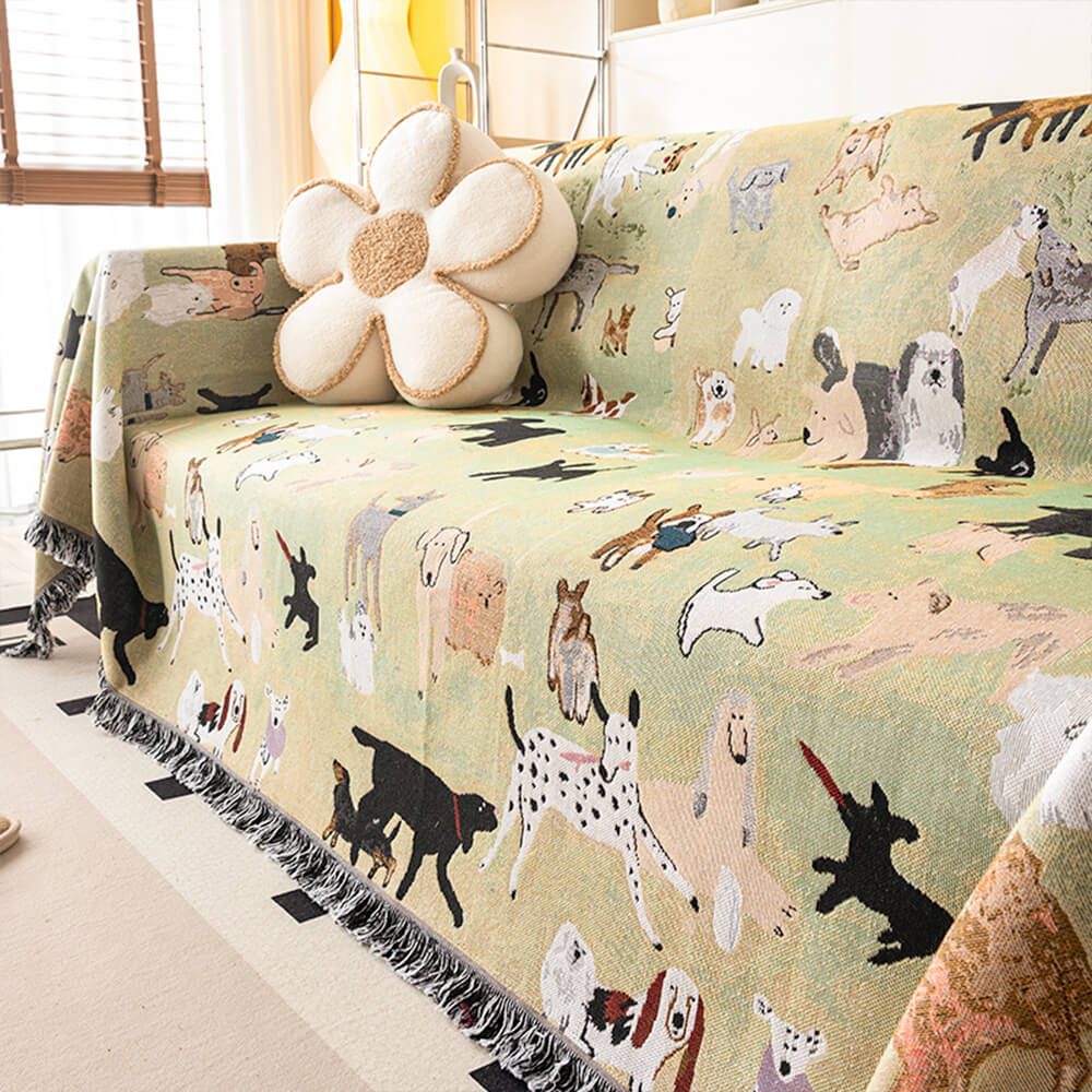 Dog Park Themed Anti-Scratch Tassel Edge Throw Couch Cover