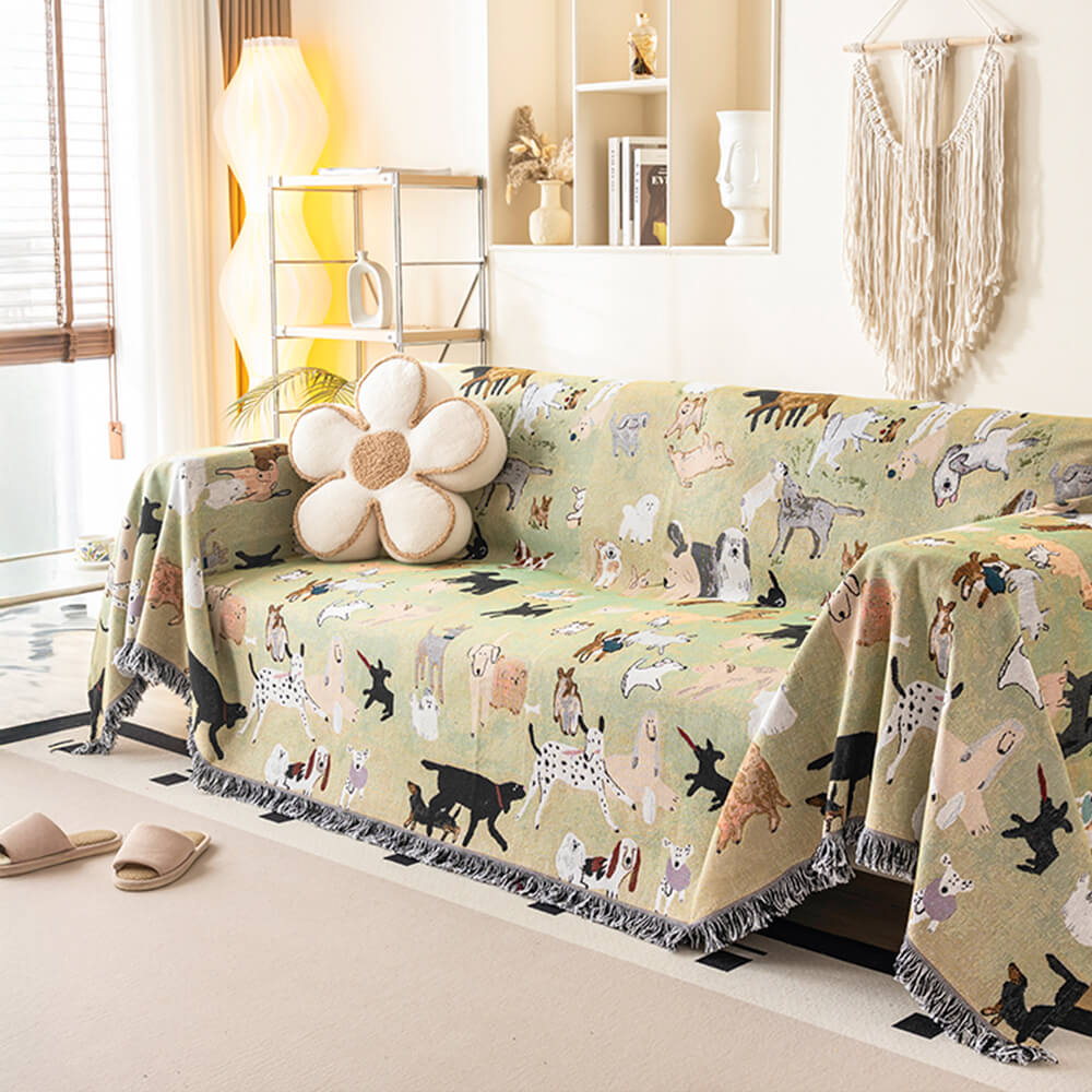 Dog Park Themed Anti-Scratch Tassel Edge Throw Couch Cover