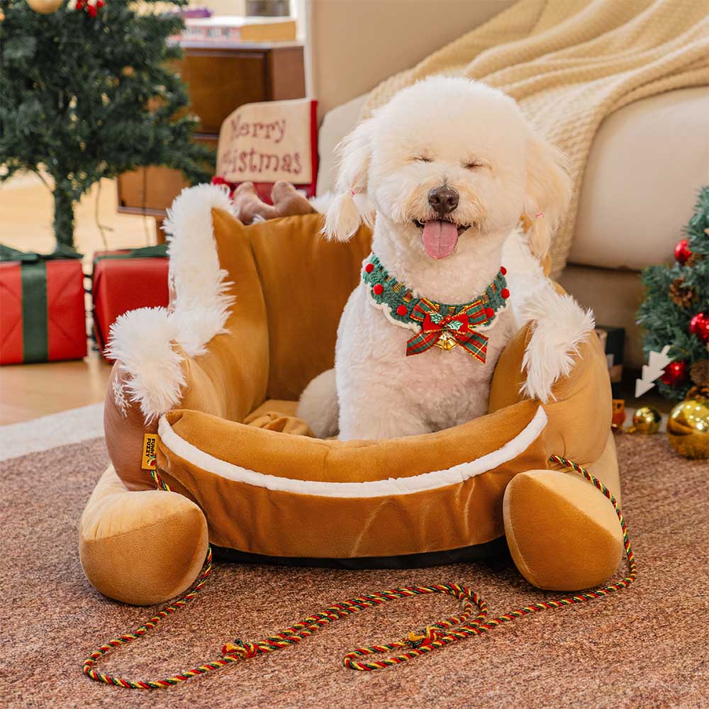 Lit pour chien douillet en peluche festif - Traîneau de Noël