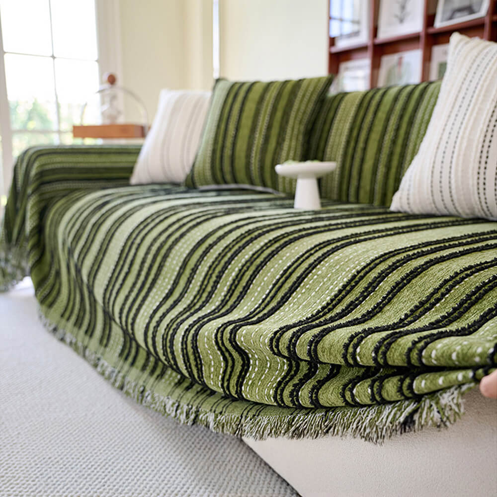 All-Season Striped Tassels Chenille Durable Couch Cover