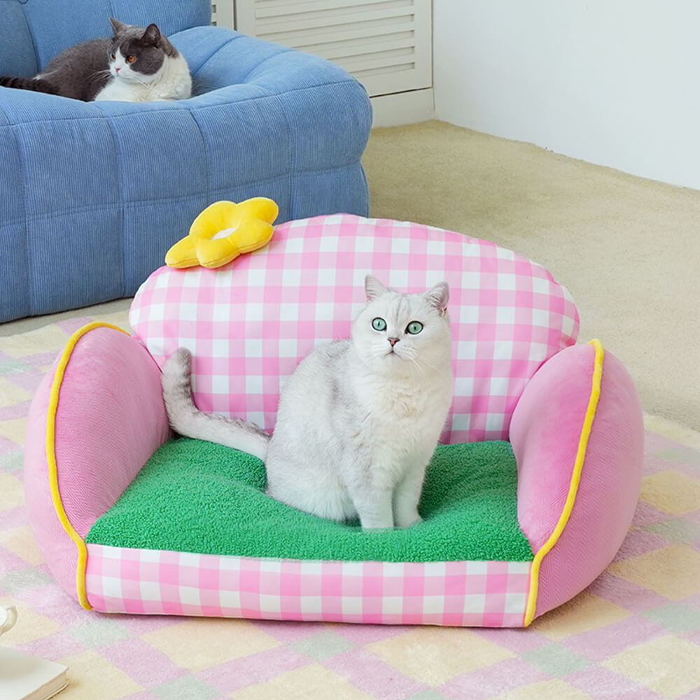 Charming Pink Checkered Washable Dog & Cat Sofa Bed