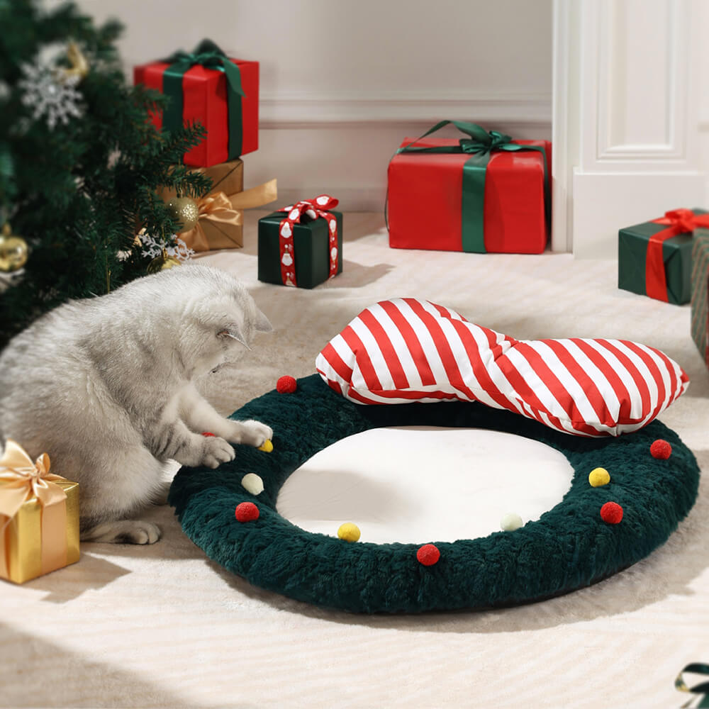 Couronne d'arc de noël, décor confortable, oreiller de soutien, lit pour chien et chat