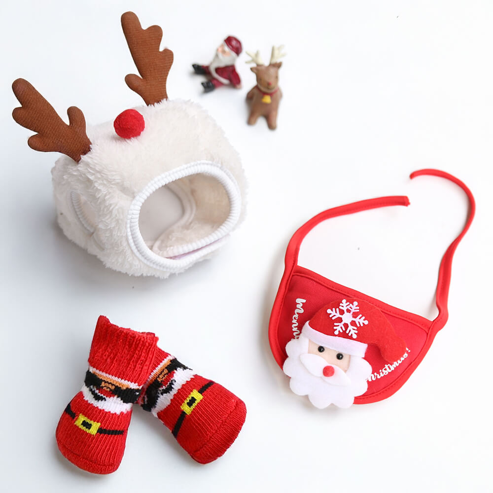 Christmas Reindeer Outfit Bib Hat Sock Shoes Accessories Set