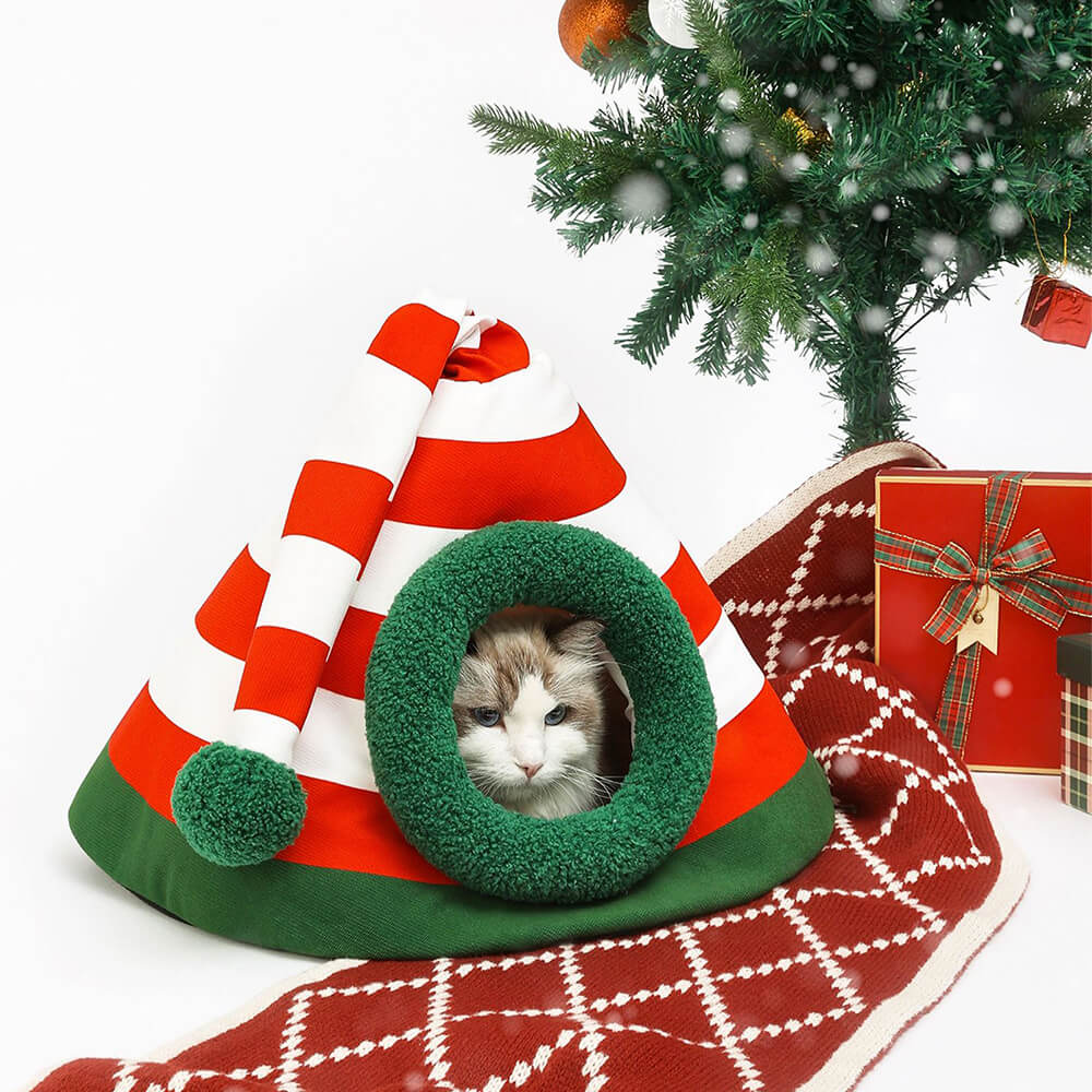 Classic Christmas Hat Warm Washable Semi-Enclosed Cat Cave Bed