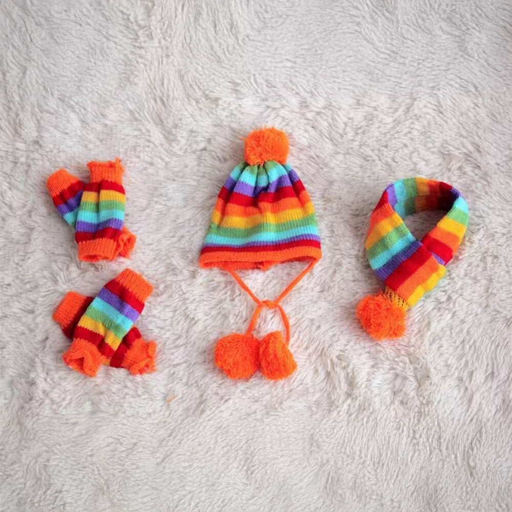 Colorful Striped Knit Pom Pom Cozy Dog Hat Scarf & Socks Set