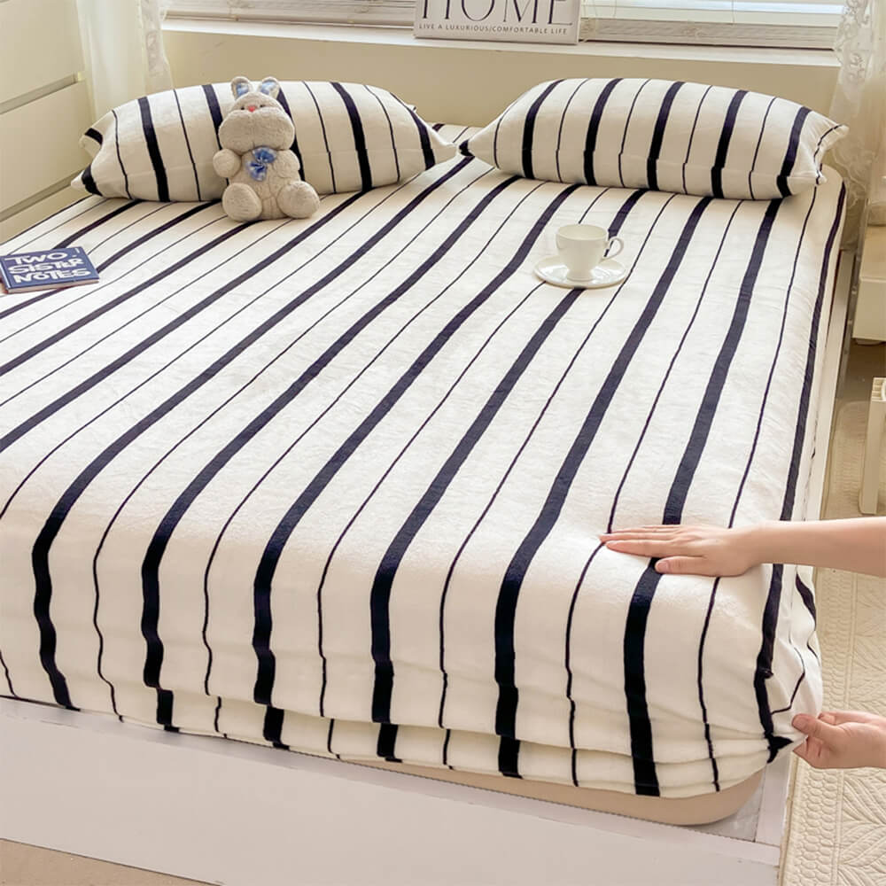 Elegant Striped Milk Velvet Non-Slip Fitted Sheet Set