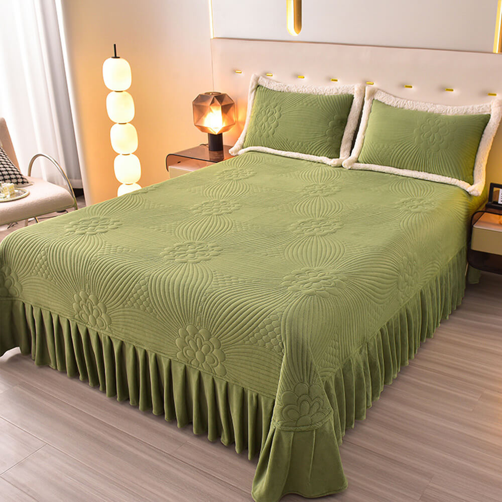 Floral Quilted Cozy Thickened Milk Fleece Bed Skirt Set