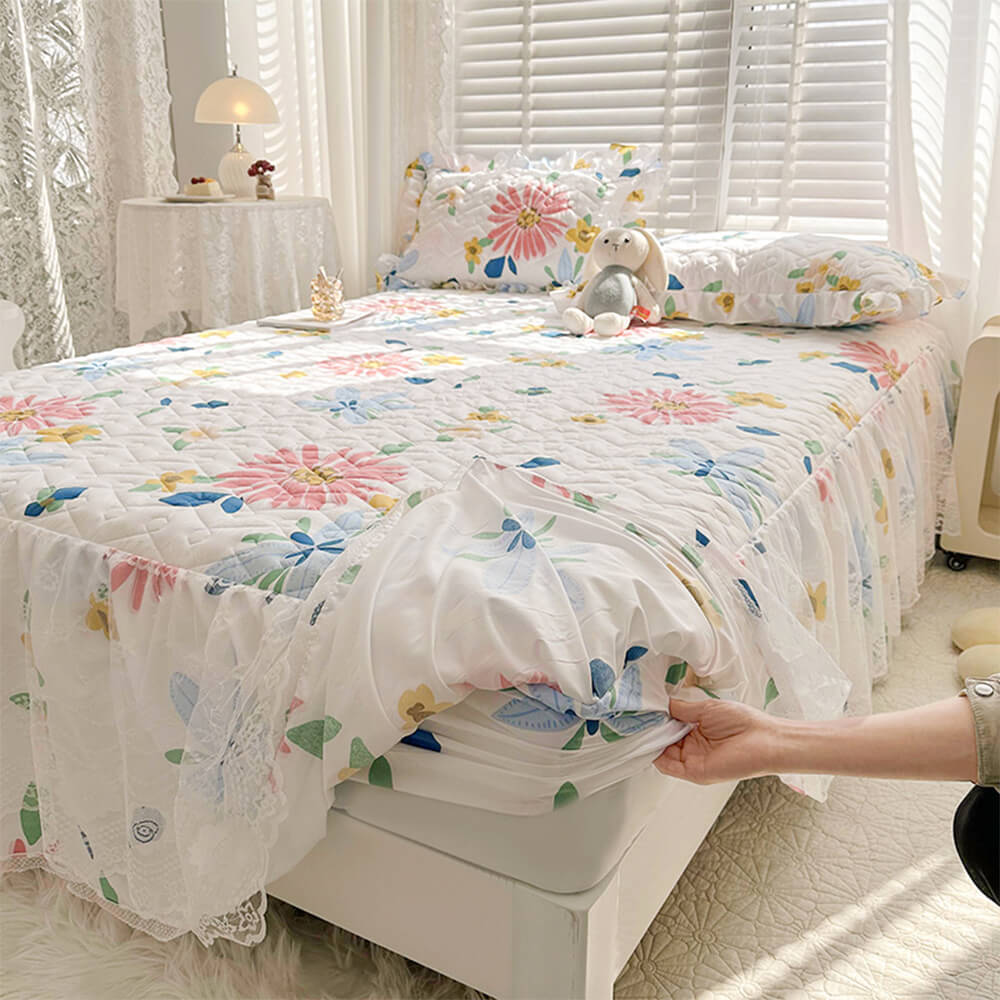 Fresh Floral Quilted Fitted Sheet Mattress Cover with Lace Trim and Skirt Protection