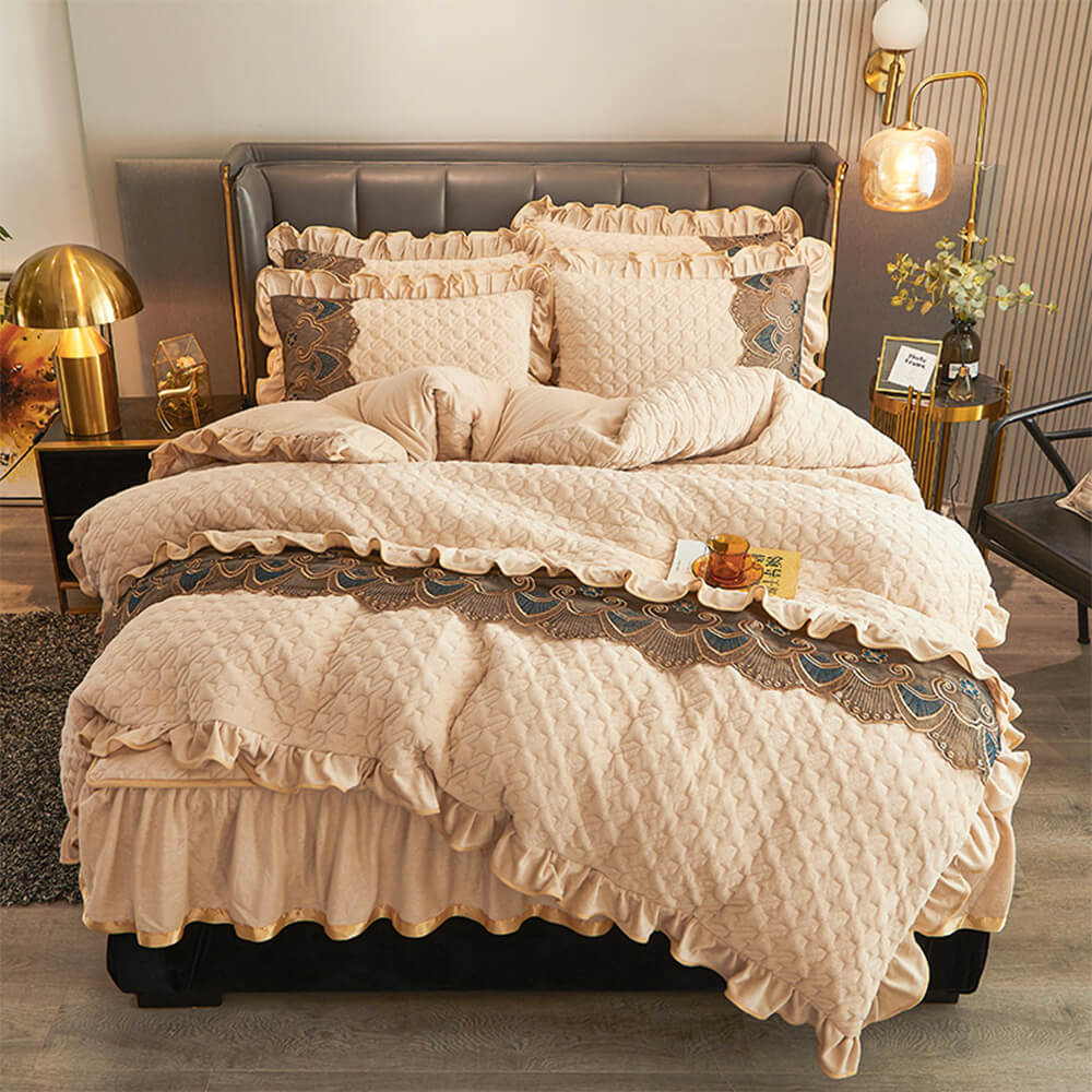 Luxurious Crystal Velvet Embroidered Non-Slip Bed Sheet Set with Bed Skirt