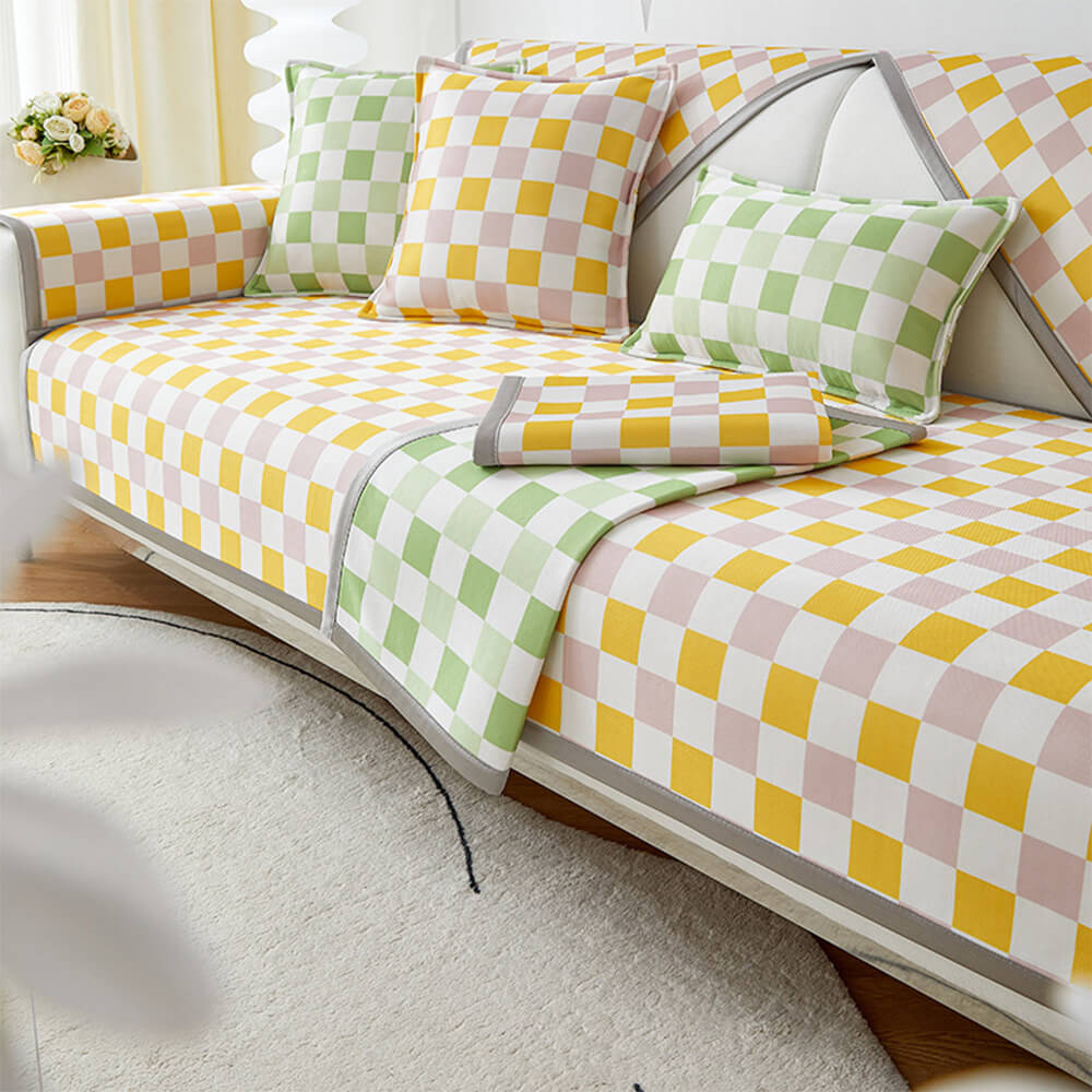 Modern Ice Silk Breathable Anti-Slip Checkered Couch Cover