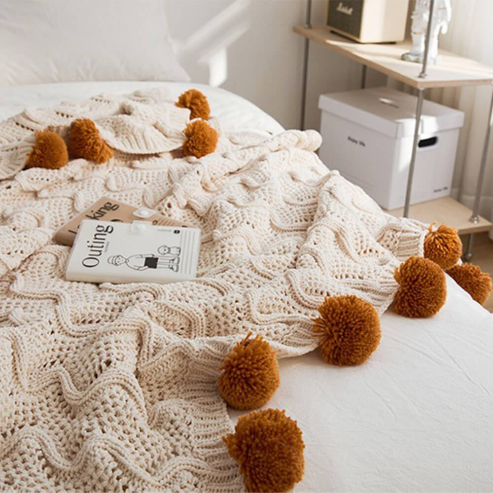 Nordic Style Chenille Pom Pom Cozy Throw Blanket with Pillowcase