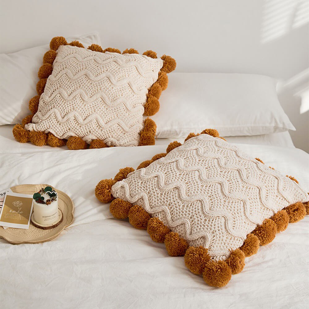 Nordic Style Chenille Pom Pom Cozy Throw Blanket with Pillowcase