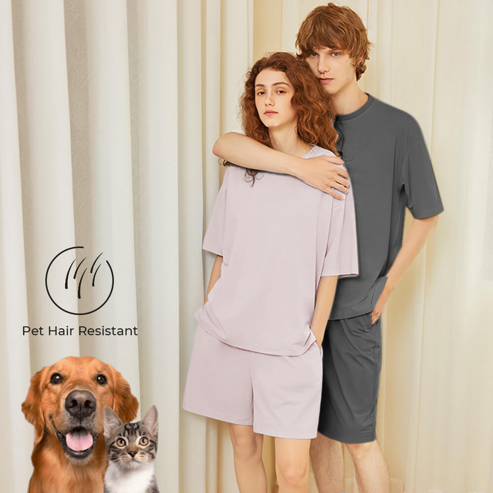 Pet Hair Resistant Pure Color Crew Neck Short Sleeve Couples Pajama Set